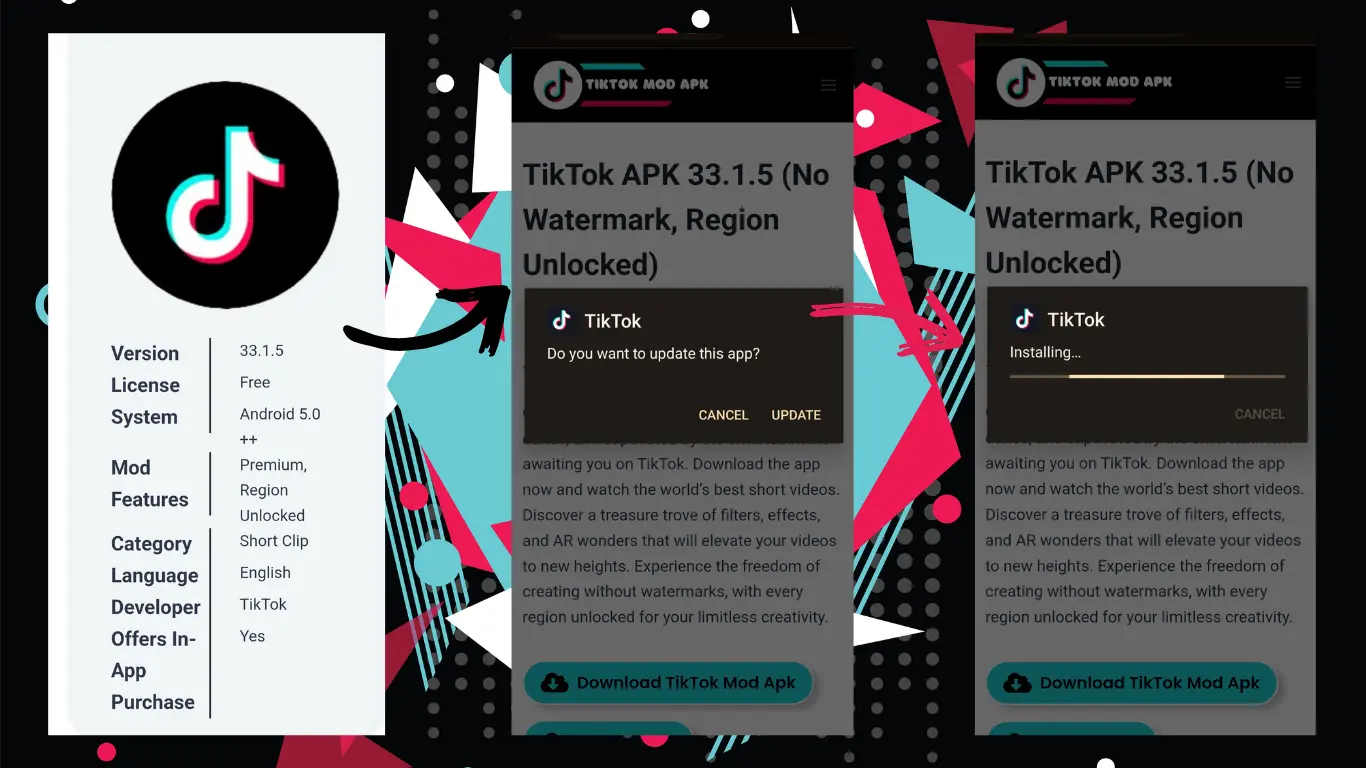 TikTok APK feature preview and installation screen