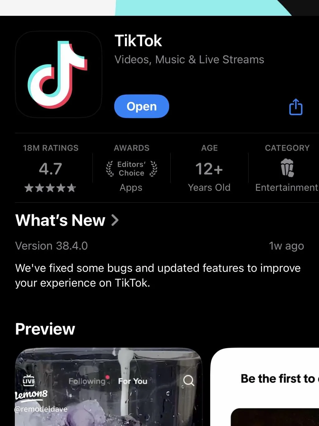 TikTok app preview screen