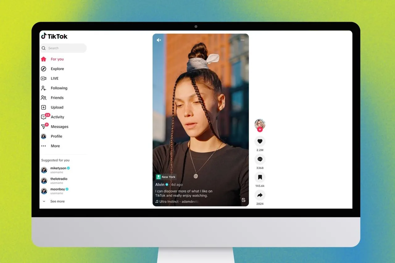 TikTok desktop feed on a large screen