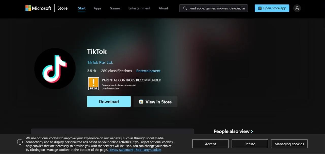 TikTok PC Microsoft Store download screen